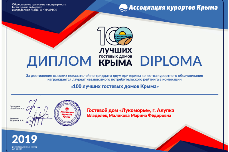 Диплом «100 лучших гостевых домов Крыма»